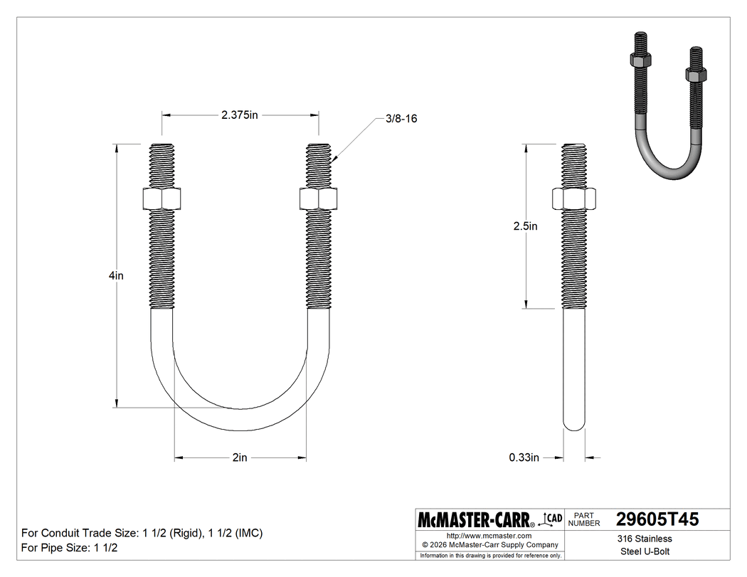 Technical Drawing of 316 Stainless Steel U-Bolt, 3/8"-16 Thread Size, 2" ID.